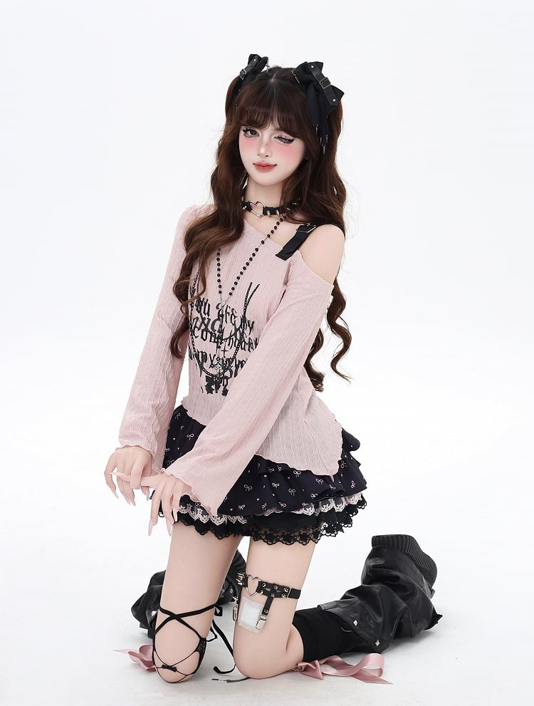 Top Pink/Black PU Strap Graphic Buckle Asymmetrical Neckline