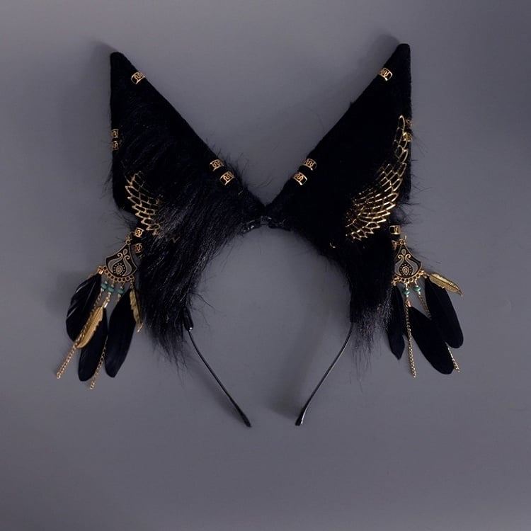 Decorations Ear Black KC and with Wing Wolf Golden Faux Feather