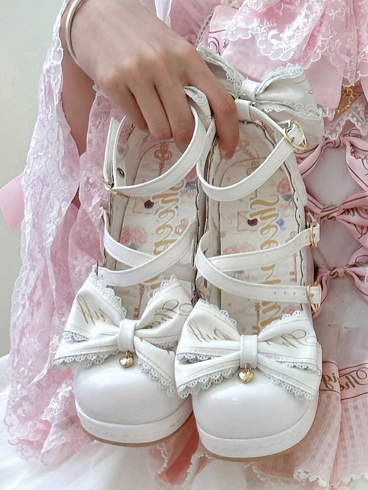 Block Heels Buckles High Bow Detachable Crisscross Design White Top Heart at