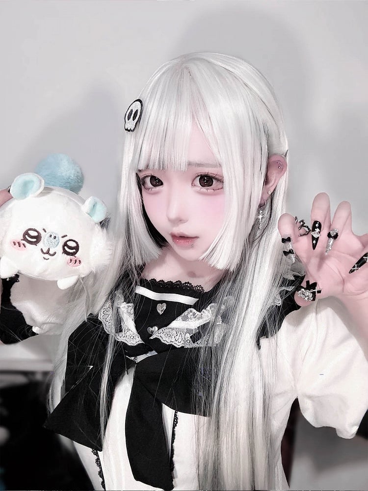 Highlight White Black Length Gothic Straight With And Hime Wig Bangs 80CM Air Cut