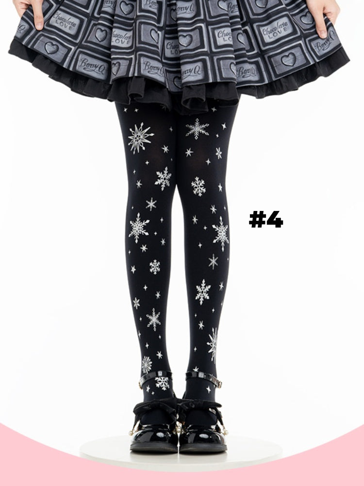 Weiß/schwarze Lolita-Strumpfhose mit Schneeflocken-Print