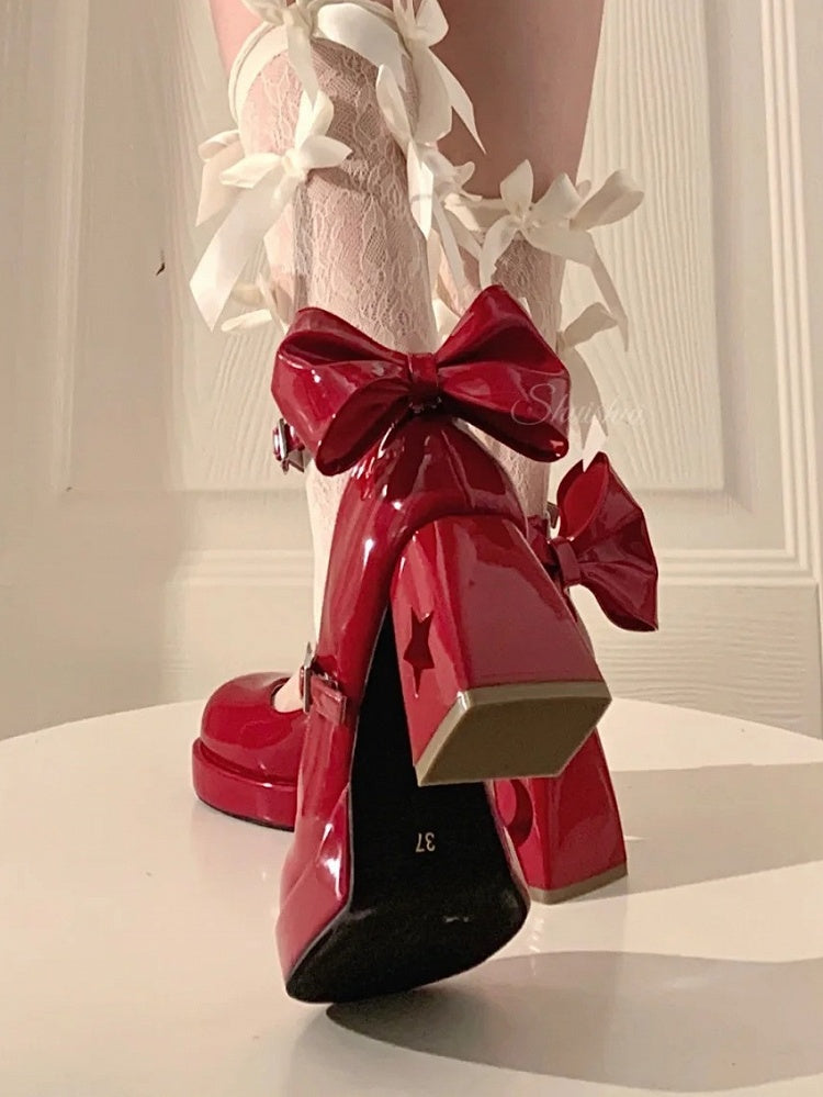 Buckles Decorative Starry Jane Shoes and with Back Wine Night Star Y2K Platform Moon Red - Mary Bow