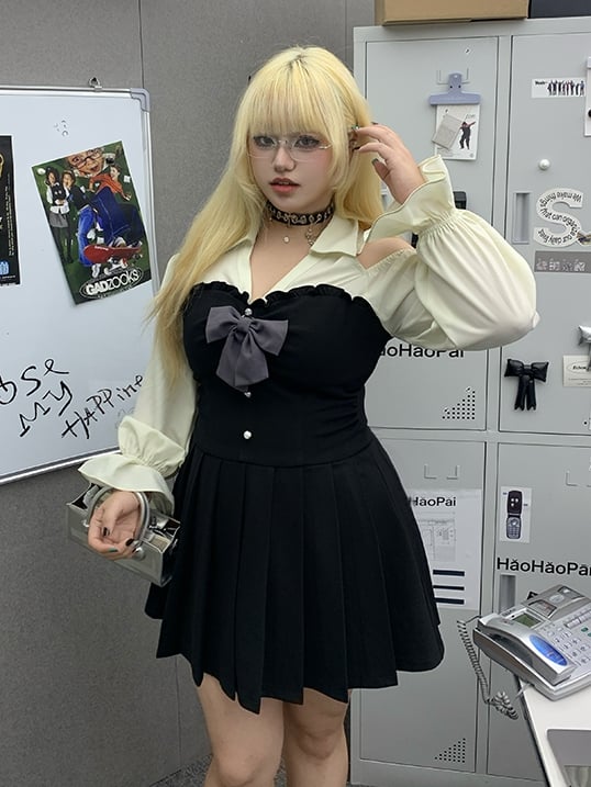 Bischofskleid Plissee Cutout Schulter und Rock/Ärmel Plus Size Schwarz Braun mit