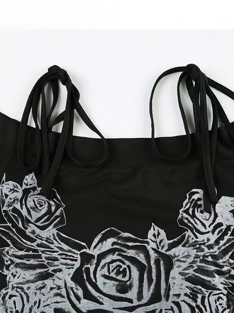 Off-the-shoulder Neckline Decorated Floral Black Rhinestone T-shirt Design Y2K