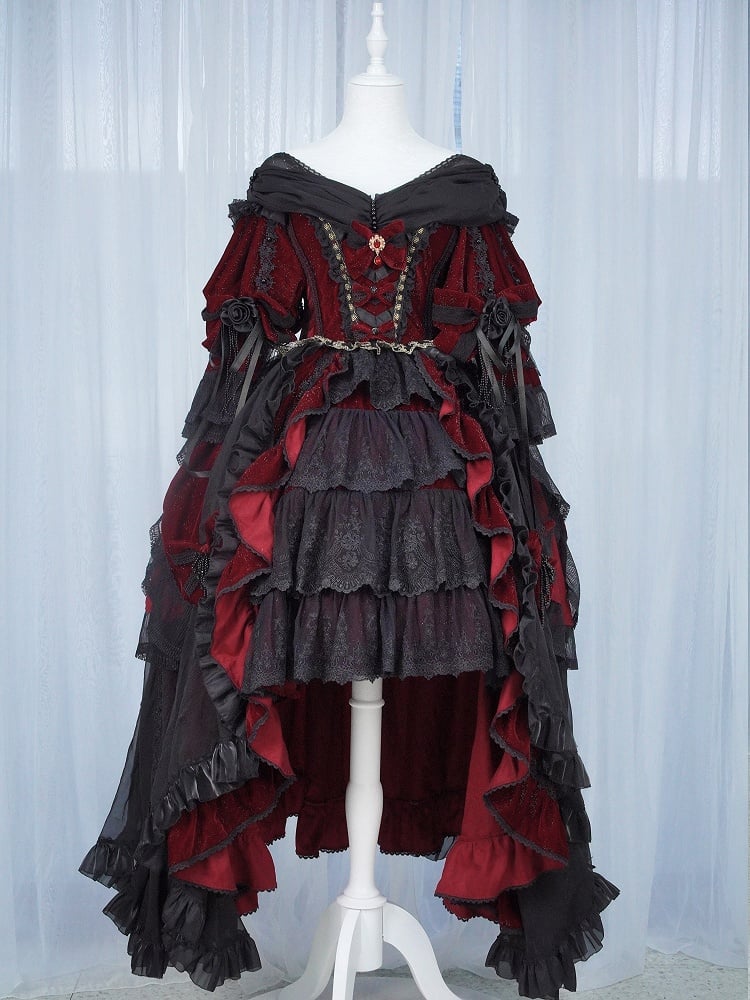 und Hanayome Kleid Schwarz Rüschen High-Low Lolita Cascading Schimmernder Samt Rot