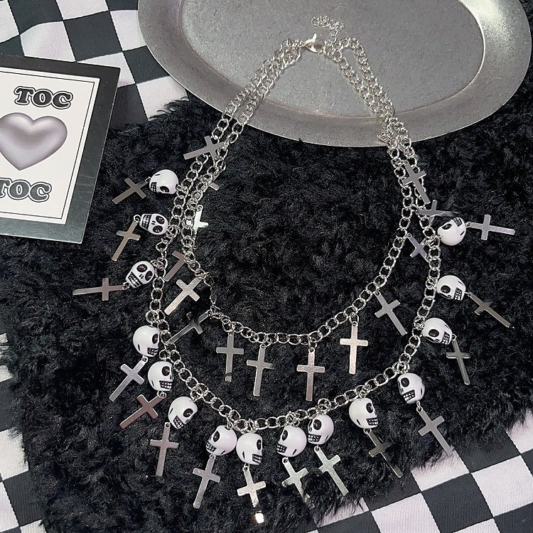 Pendant Necklace Punk Skeleton Cross Silver And
