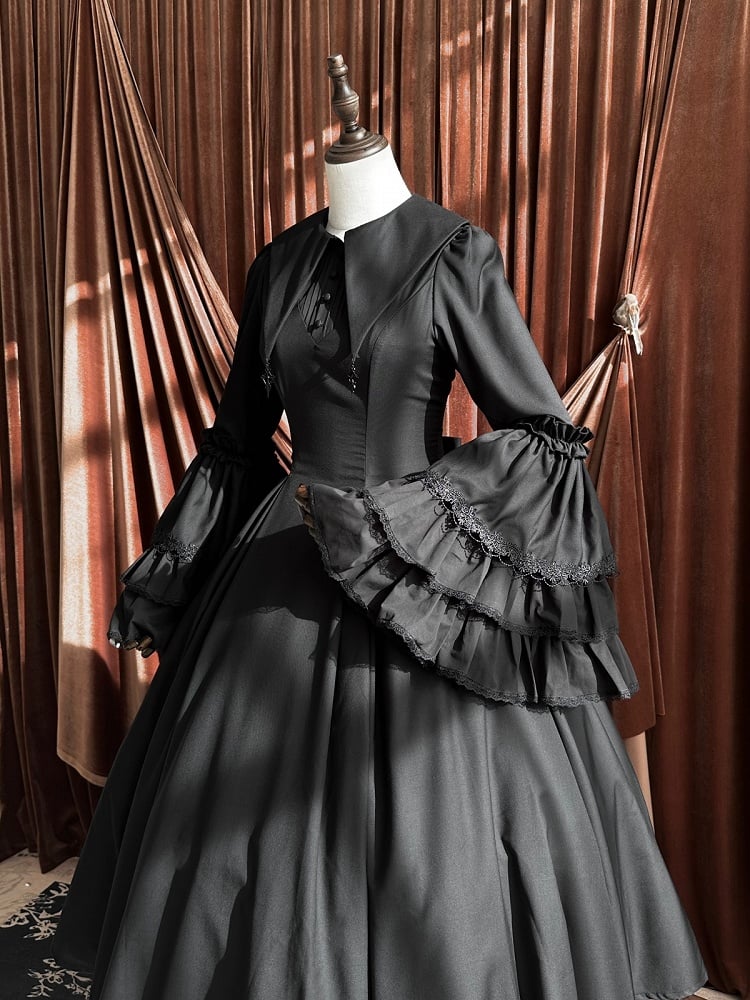 Lolita Bell Pointed Clearance-Size Long M Bust 90CM Gothic Witchy Sleeves Dress Collar Black for