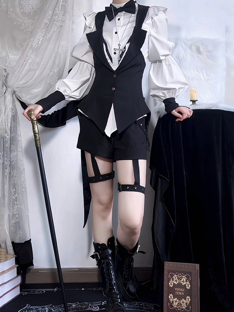 and Prince Lolita Waistcoat Garters - Outfit Ouji Gothic + Bowtie Black Tailcoat with White Shorts Shirt