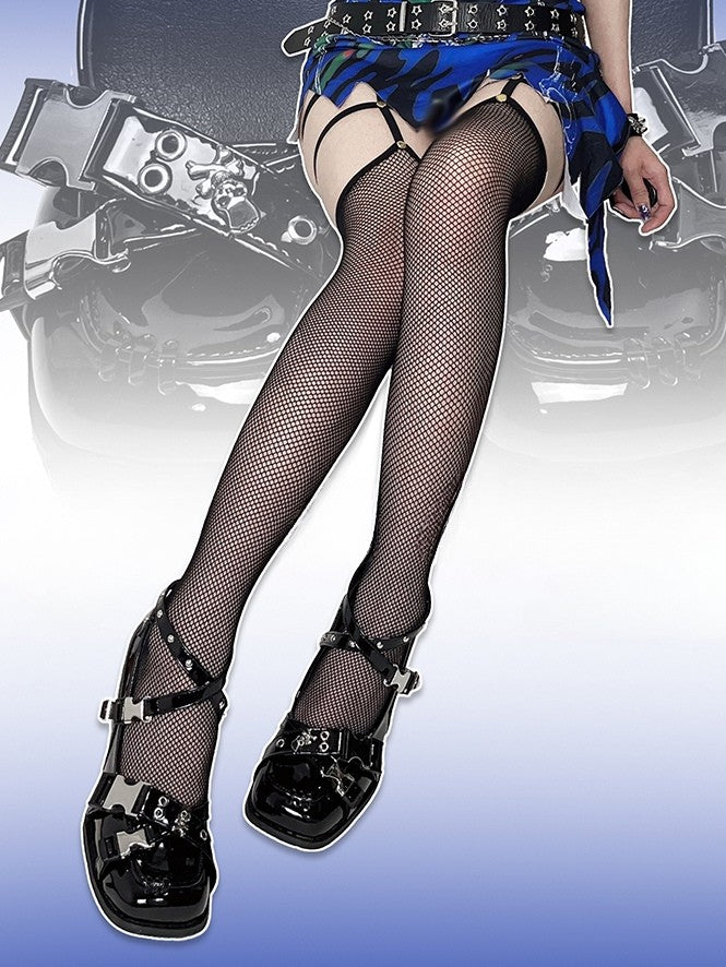 PU Punk Crisscross Details Janes Black Studded High-heel Straps Square Toe with Mary -