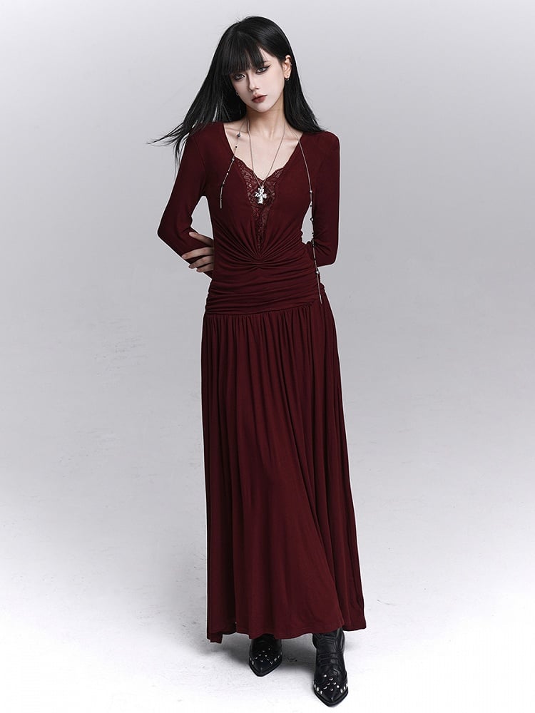 Maxi Gothic Detailing with Dark Red Abdomen Dress Lace V-Neck Ruched