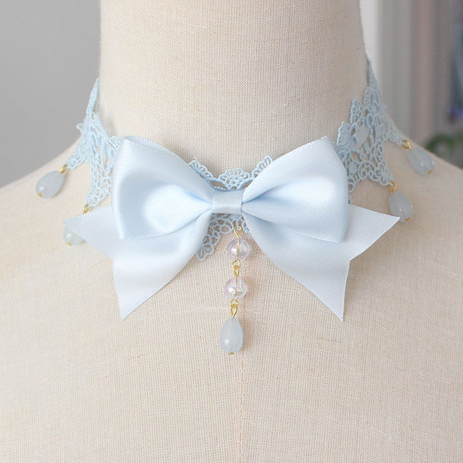 Beaded Pendant Bowknot Details Lace Choker