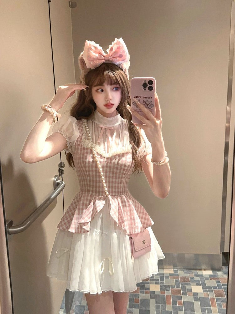 Mit zweiteiligem Faux Pink Kleid Muster Plaid Weiß