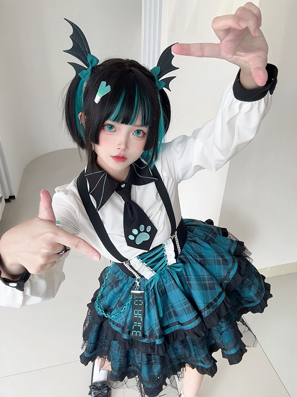 Overall Punk and Lace-up Waist Black Plaid Detail Corset Lolita Dress Green
