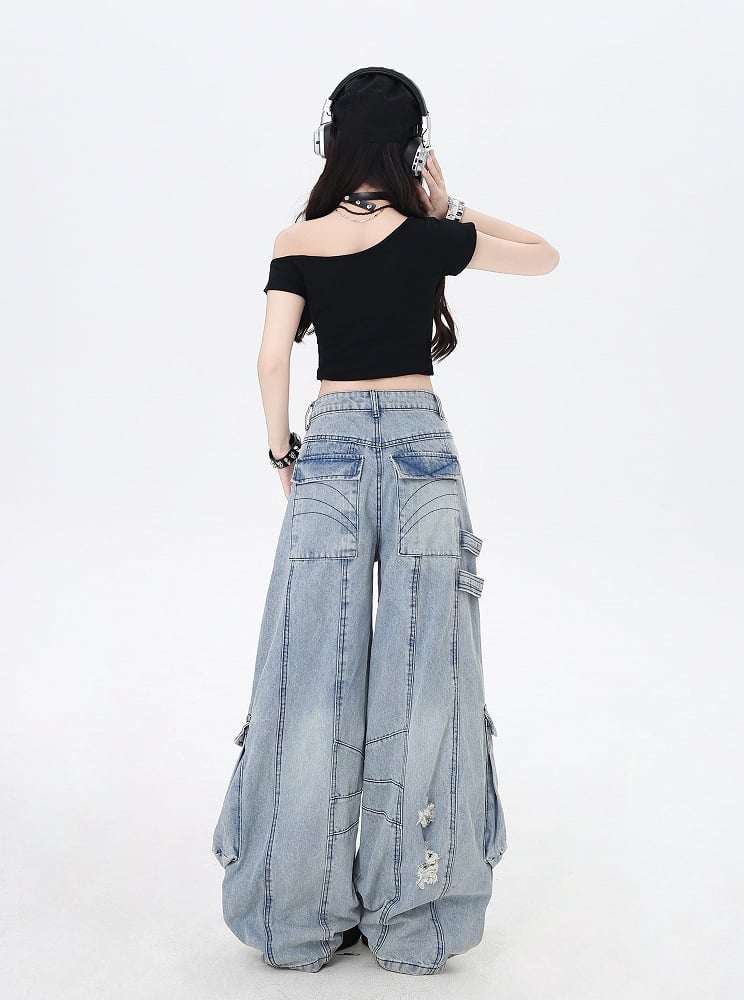 Rise Distressed Holes Jeans Low Blue Wide-leg Cargo