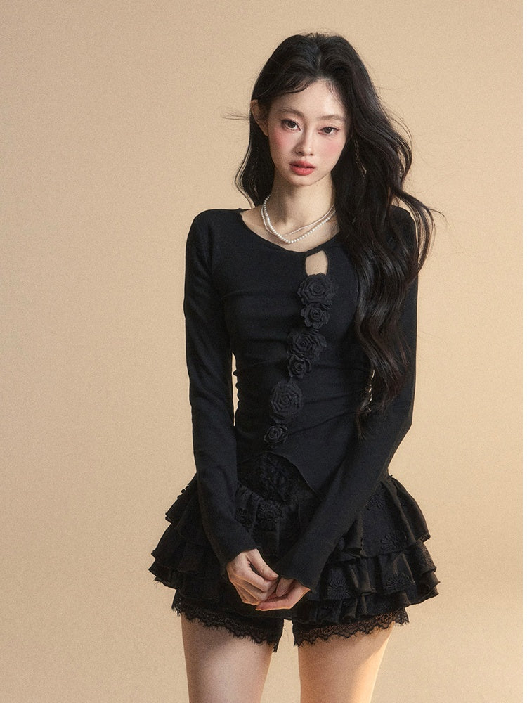 Round Glamorous Detail Black Knitted Neck Floral Embellished Cutout Top
