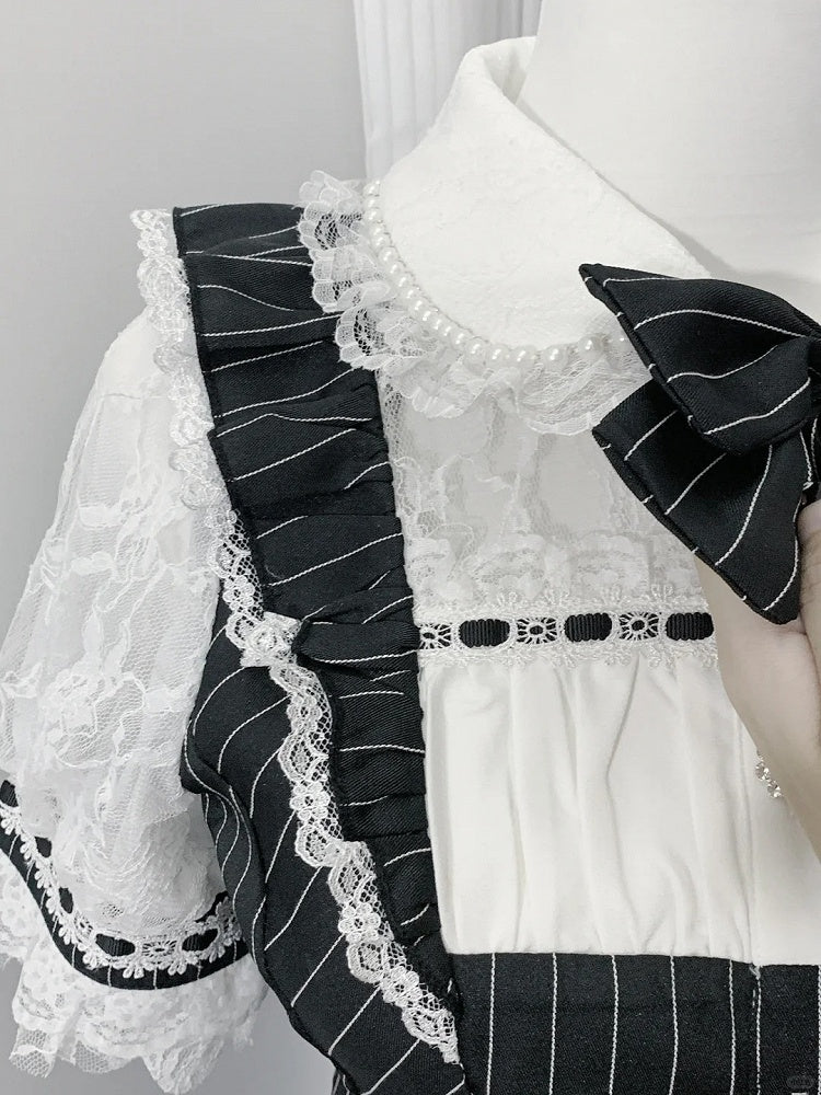 Mini Dress + Shorts Lace-up Back Neckline Illusion + Black Striped Jirai Kei Set- Bow Tie