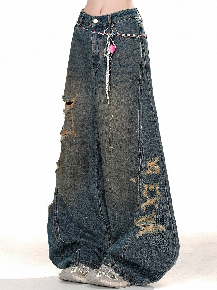 Holes Distressed Blue Wide-leg Jeans Cut Denim