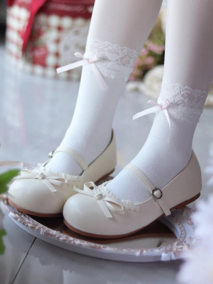 Lolita Beige mit matten Schuhen Schleife Flache runde geknotete Spitze