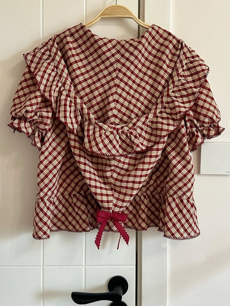 Bluse Rot mit Kapuze Muster Kurze Lolita Ärmel Plaid