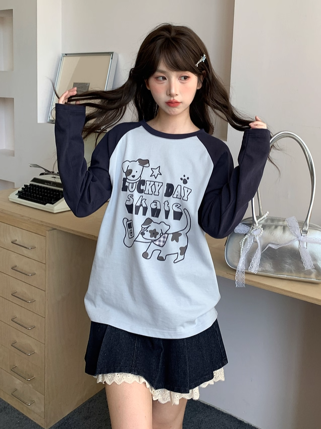 Top White/Blue Colorblock Design Adorable Puppy Print Loose