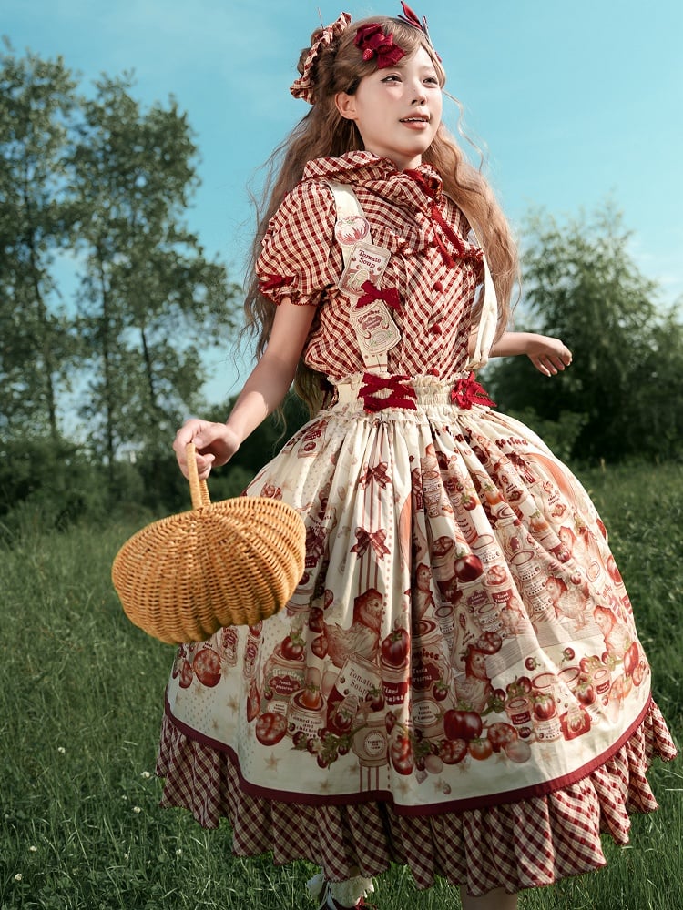 Bluse Rot mit Kapuze Muster Kurze Lolita Ärmel Plaid