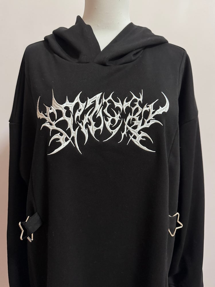 Buckle Jirai Decorated Black Hoodie Embroidery Details Kei
