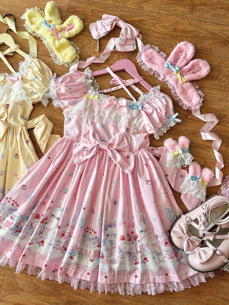 Sleeves Puff Pink Print Dress Sweet Lolita Bunny and Cake Short