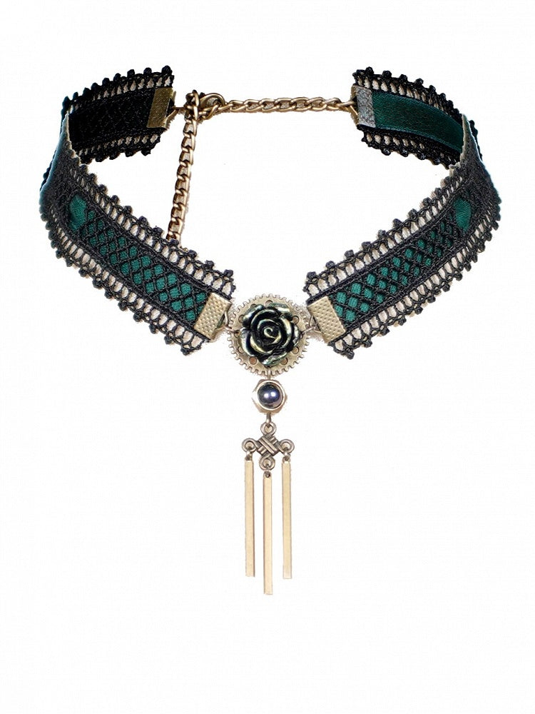 Black with Dark Green Tassels Choker Lace Steampunk