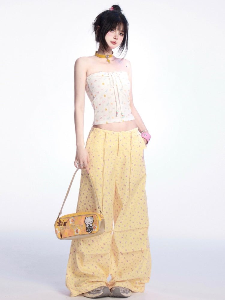 Light Yellow Drawstring Waist Floral Wide-leg Casual Pants