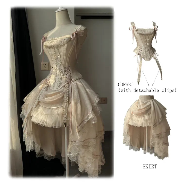 Champagnerfarbenes Korsett-Oberteil mit Schnürdetails und Fischbein + Lolita-Rock mit hohem und niedrigem Lagenmuster BE002