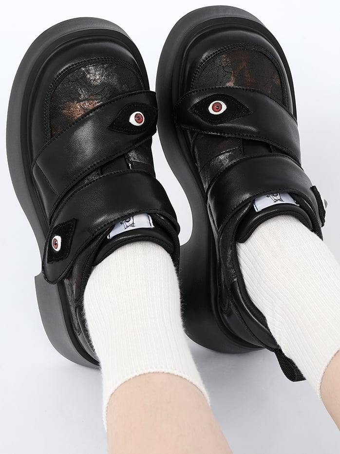 Strap Punk Eye Heels Platforms Closures Chunky - Velcro Black Demonic Patch with
