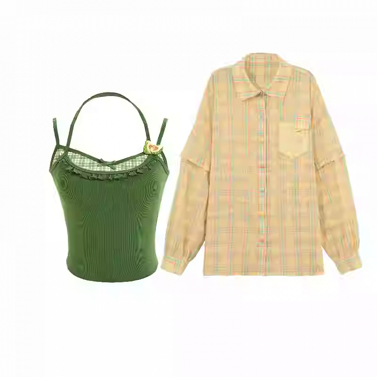 Plaid Shirt Set Green Faux Two-Pieces Cami Top with Yellow