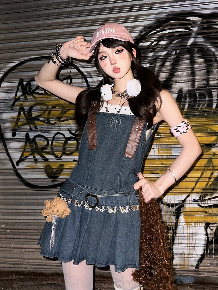 Pleat Skirt Bittersweet Blue Denim Overall Dress Box with Heart-Shaped Buckles