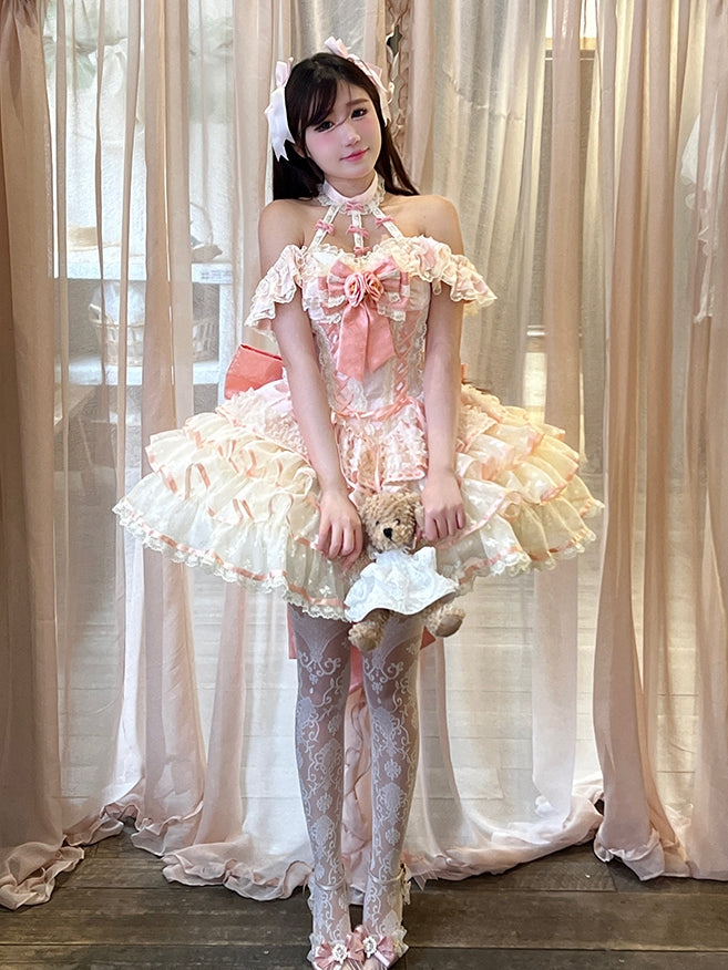 Pink Dress Ruffles Corset Fairy Princess Lace Kei Halter Tiered Neck Waist Skirt