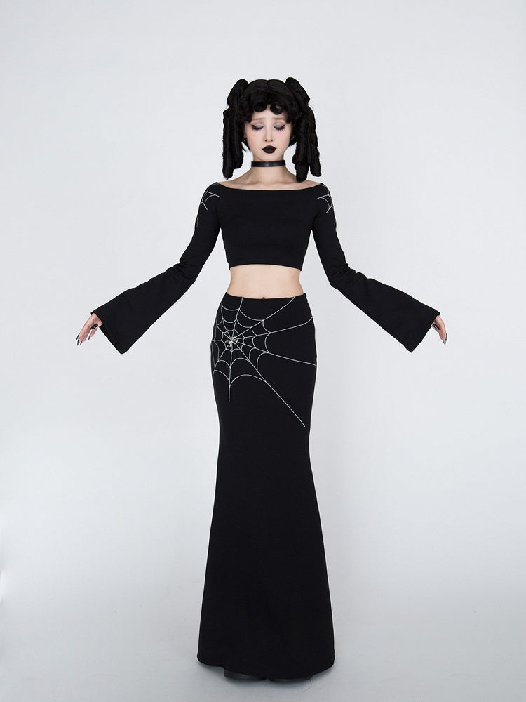 Gothic Black Spiderweb Bell Sleeves Cropped Top