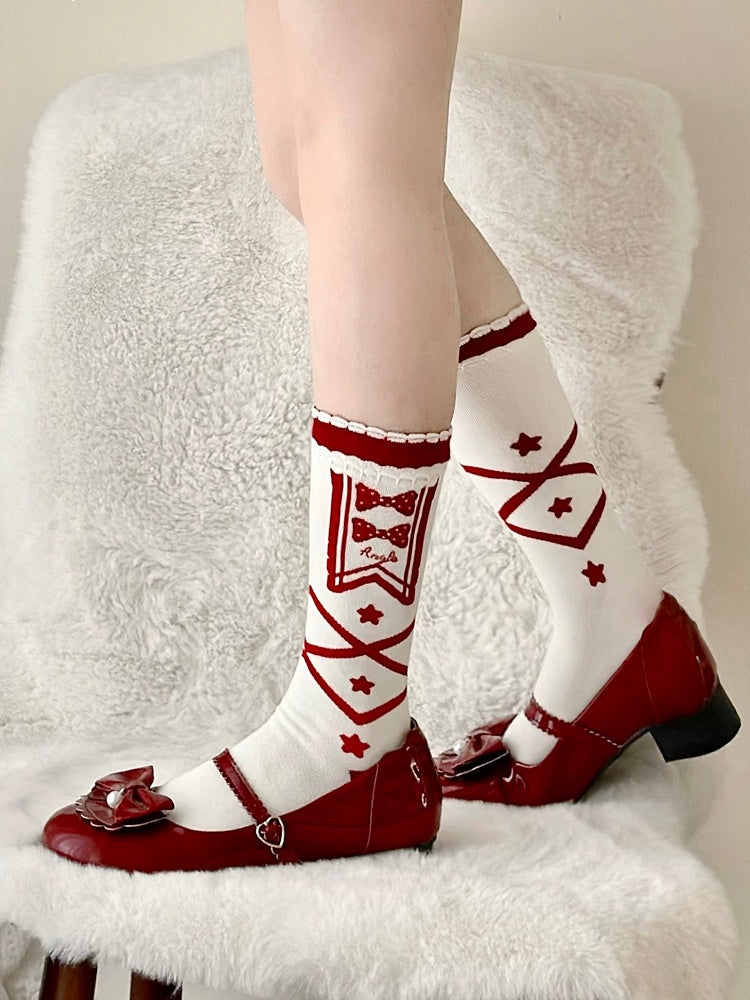 Socks Crisscorss Print Star and Bowknot Blue/Red Lolita Banded Calf