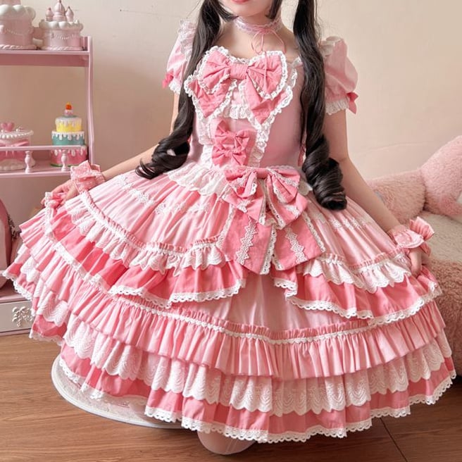 Dress Pink Sweet Lolita Short Piece One Sleeves Bow Accents