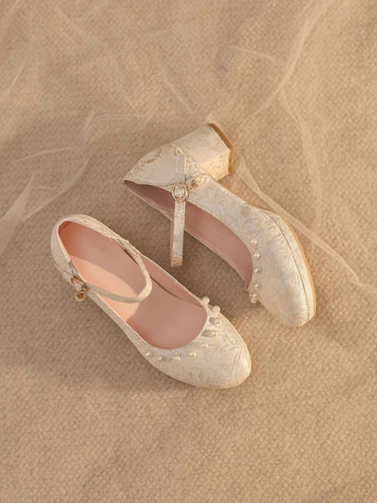 Beige Heels Pattern Lolita Floral Block Mid Details Beads Qi Satin -
