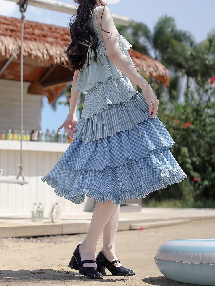 Blau mit Patchwork Urlaub Taille ärmelloses Kleid Stufenrock Gürtel