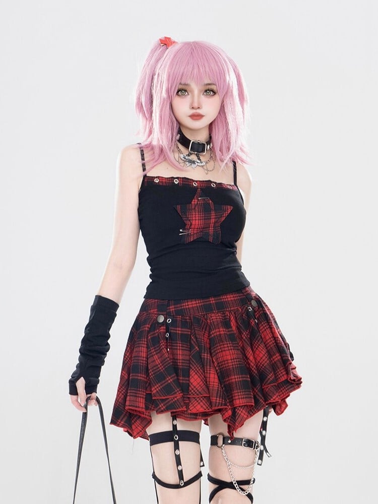 With Cami Applique Black Top Red Star Plaid