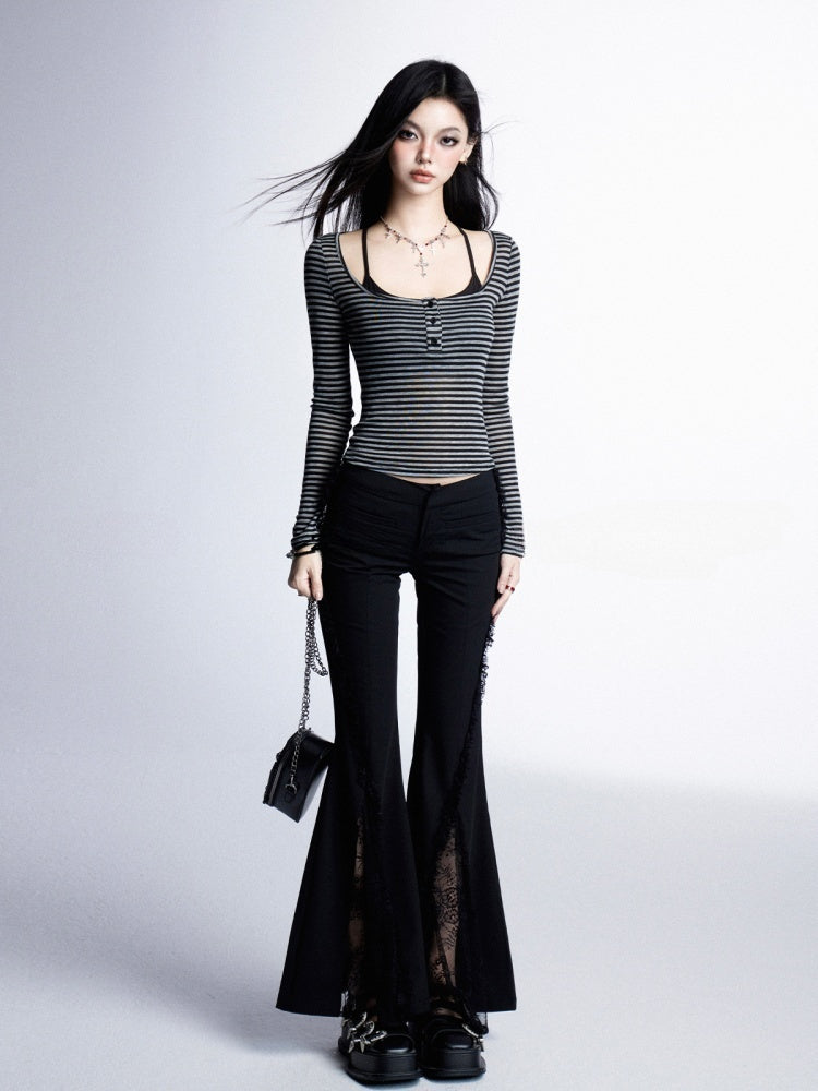 Round Neck Vintage Black and Grey Striped Pattern Top