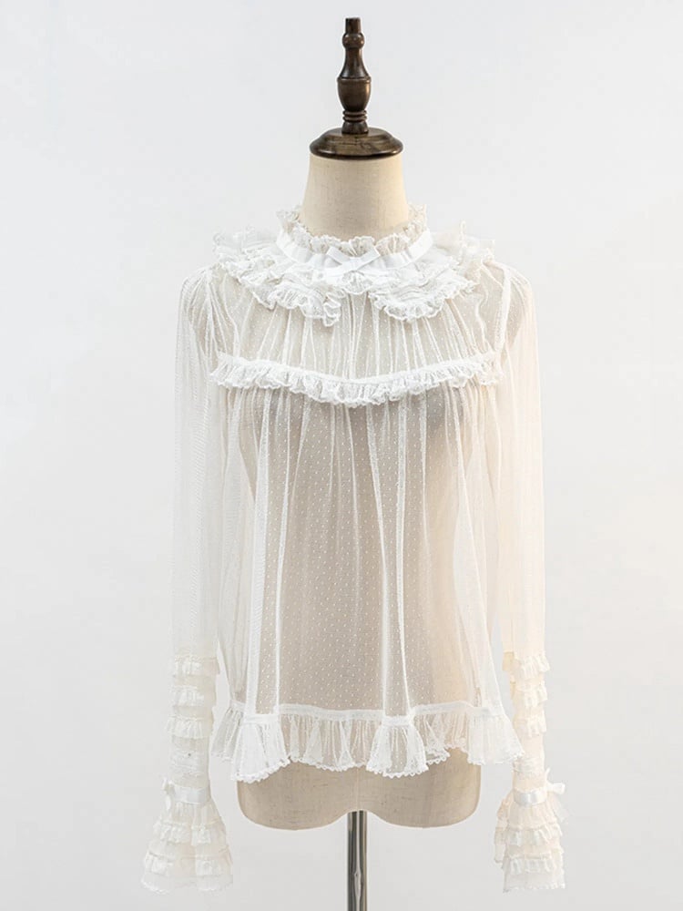 Weiße transparente Bluse mit langen Ärmeln und Rüschenausschnitt