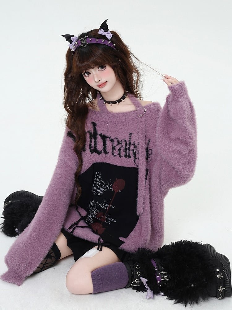 Schwarz/Weinrot/Lila Neckholder-Pullover mit Buchstabengrafik