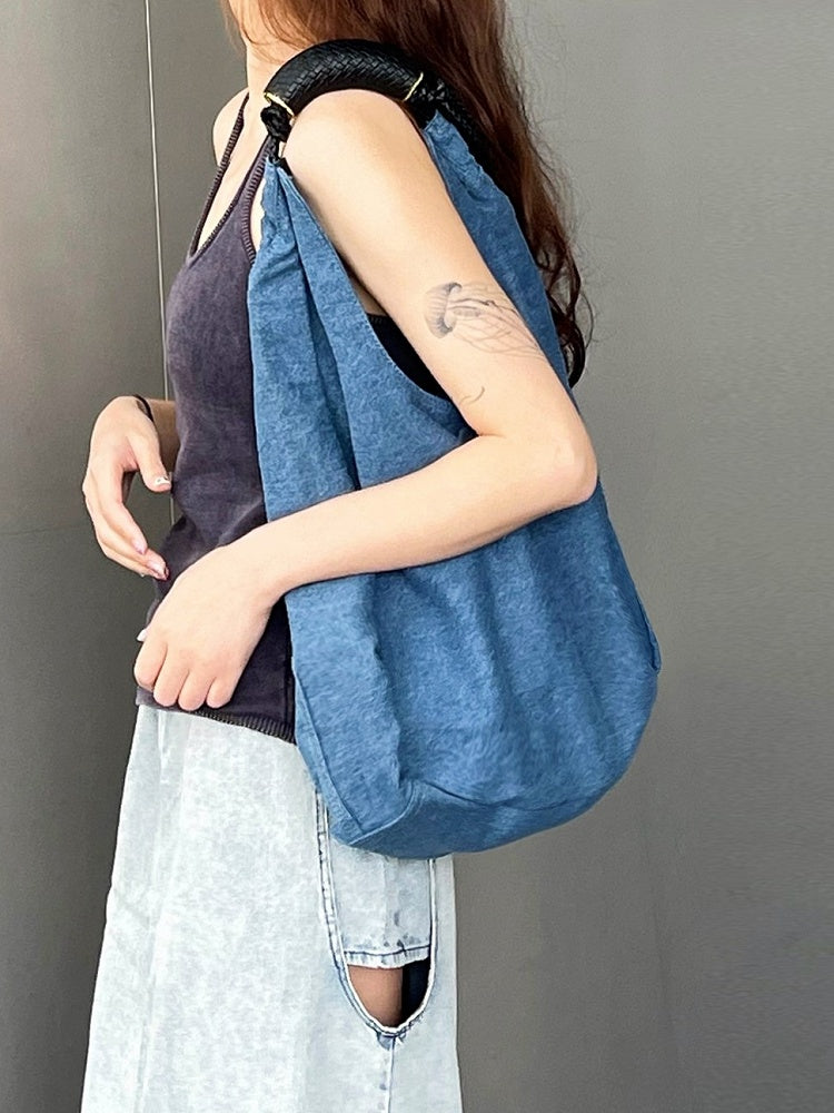 Denim Capacity Tote Shoulder Bag With Adjustable Braided Strap Blue Large