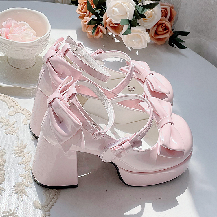 Rosa Lolita-Schuhe mit Schleife und Plateau und hohem Blockabsatz