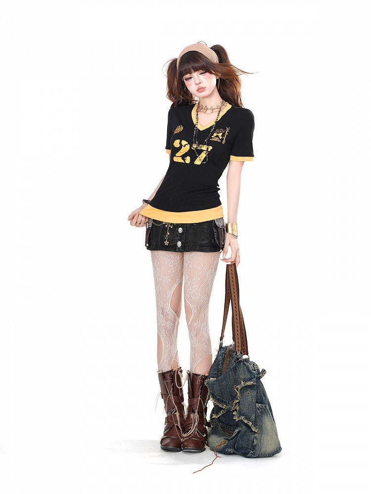 Print V-Neck Number Black Bow Slim Core T-Shirt Blokette with