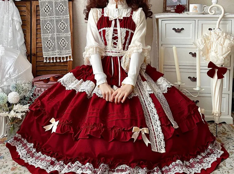 ピンクのロリータスタイル、調節可能なフリル付きレッドスカート、ストラップ付きドレス、ハウスジャンパー