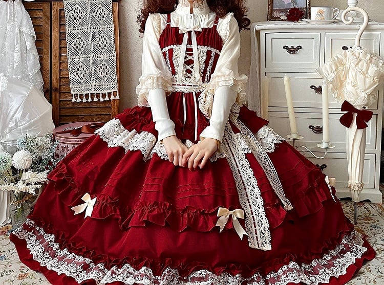 Red Pink Dress Adjustable House Style Ruffle Skirt Jumper Straps Lolita
