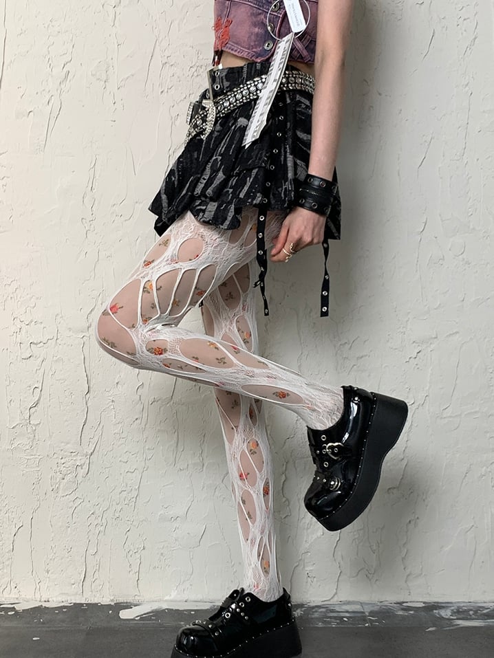 White Cut-out Design Y2K Tights