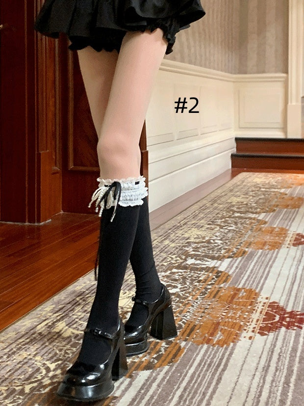 Chaussettes à nœud et bordure en dentelle douce